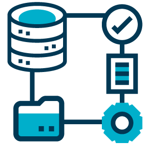 Ilustração de um banco de dados conectado a diversos itens como um check positivo, arquivo digital, engrenagem de configuração e pasta de arquivos