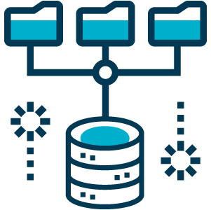 Ilustração com três pastas de arquivos conectadas ao um banco de dados abaixo e linhas pontilhada simbolizando a transição dos arquivos