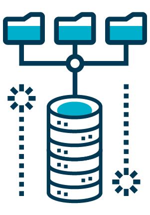 Ilustração com três pastas de arquivos conectadas ao um banco de dados abaixo e linhas pontilhada simbolizando a transição dos arquivos
